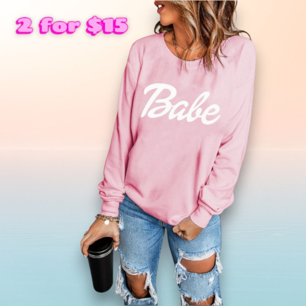 Pink & White Barbie Font Babe Cotton Blend Long Sleeve Crew Neck Sweatshirt